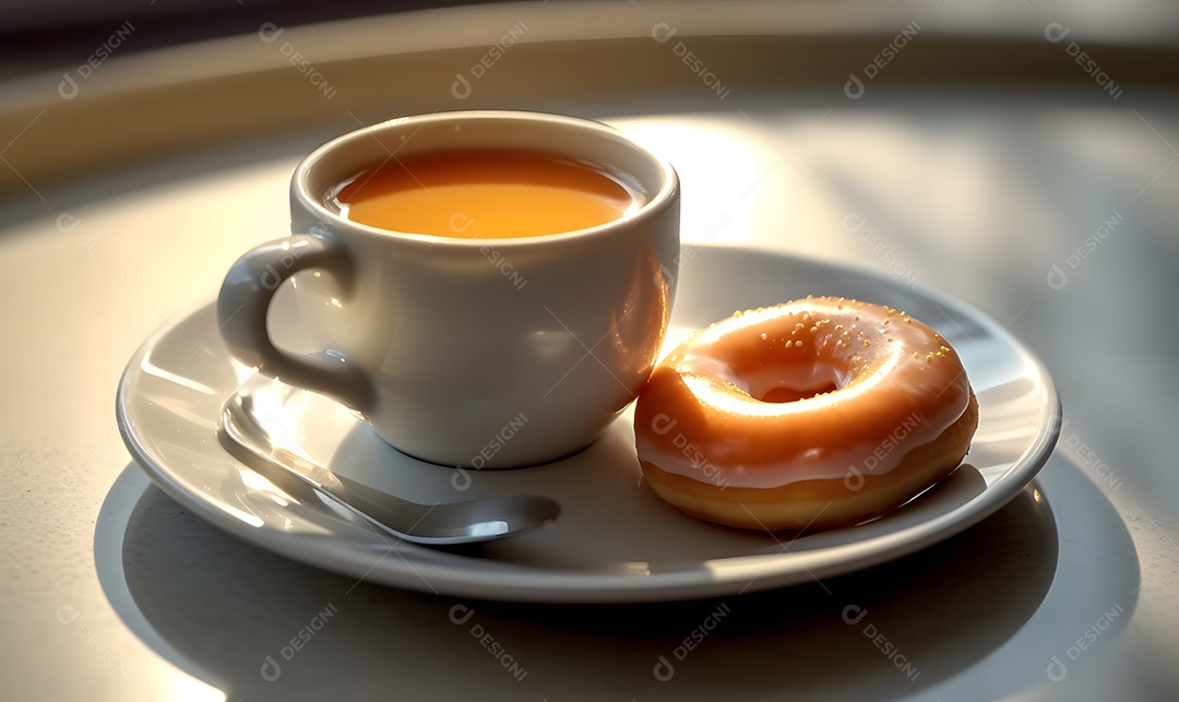 Rosca donuts sobre um prato ao lado de xícara de café