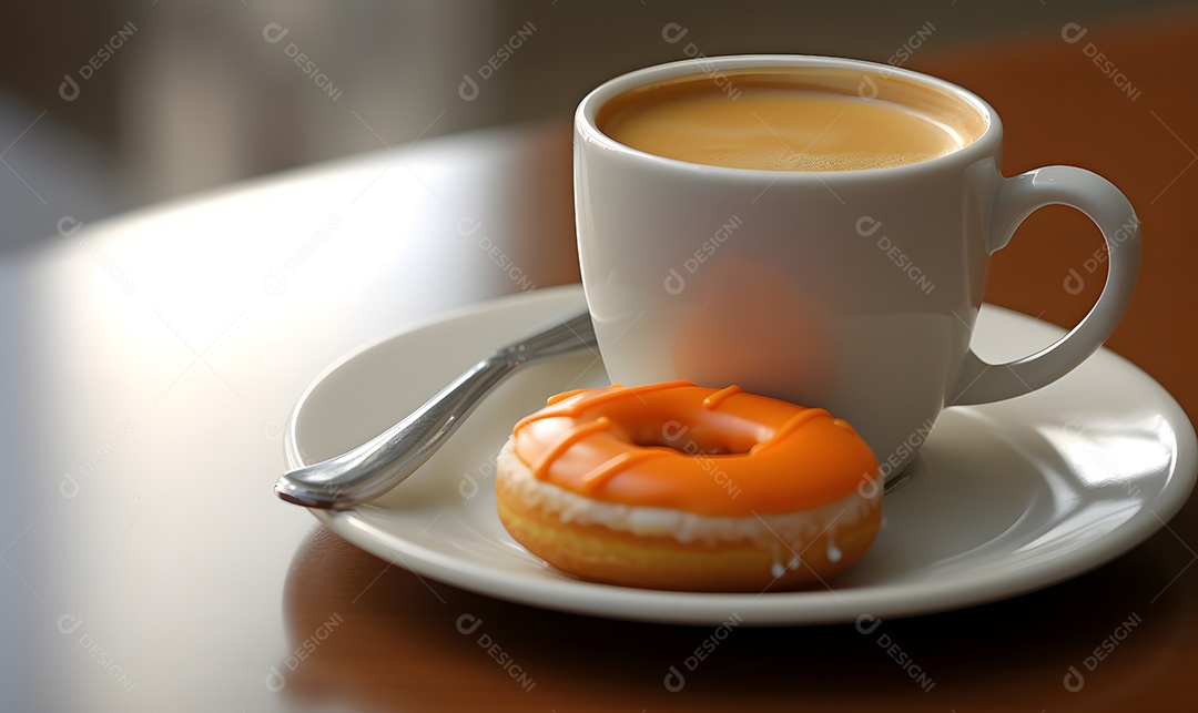 Rosca donuts sobre um prato ao lado de xícara de café