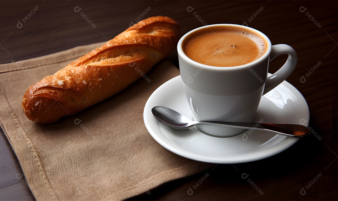 Pão sobre um prato ao lado de xícara de café