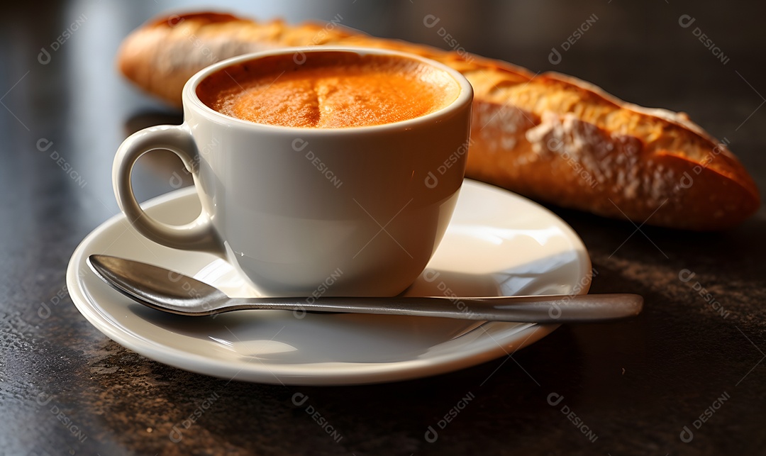 Pão sobre um prato ao lado de xícara de café