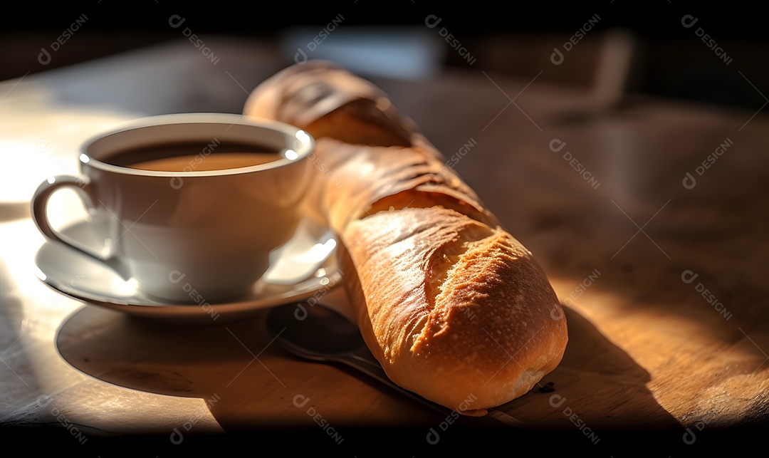 Pão sobre um prato ao lado de xícara de café