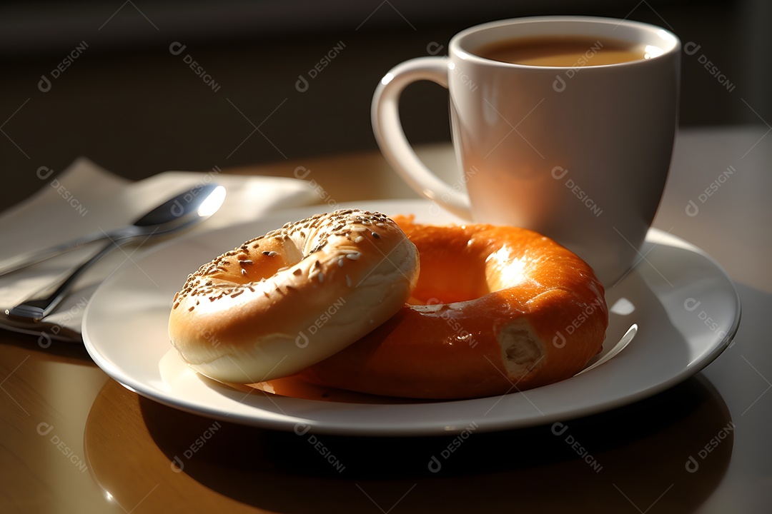 Rosca sobre um prato ao lado de xícara de café