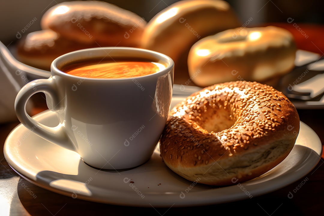 Rosca sobre um prato ao lado de xícara de café