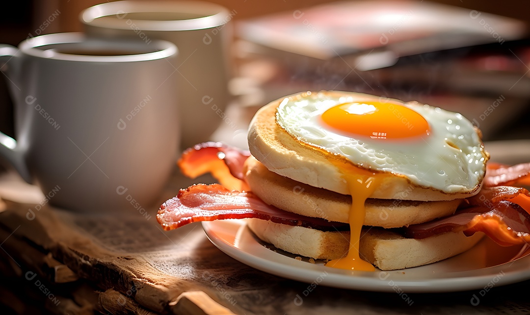 Mesa de café da manha com pão ovo com fatias de bacon