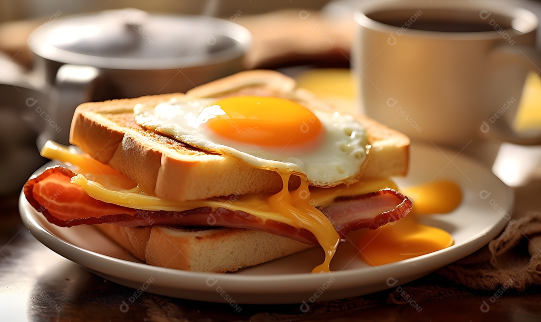 Mesa de café da manha com pão ovo com fatias de bacon