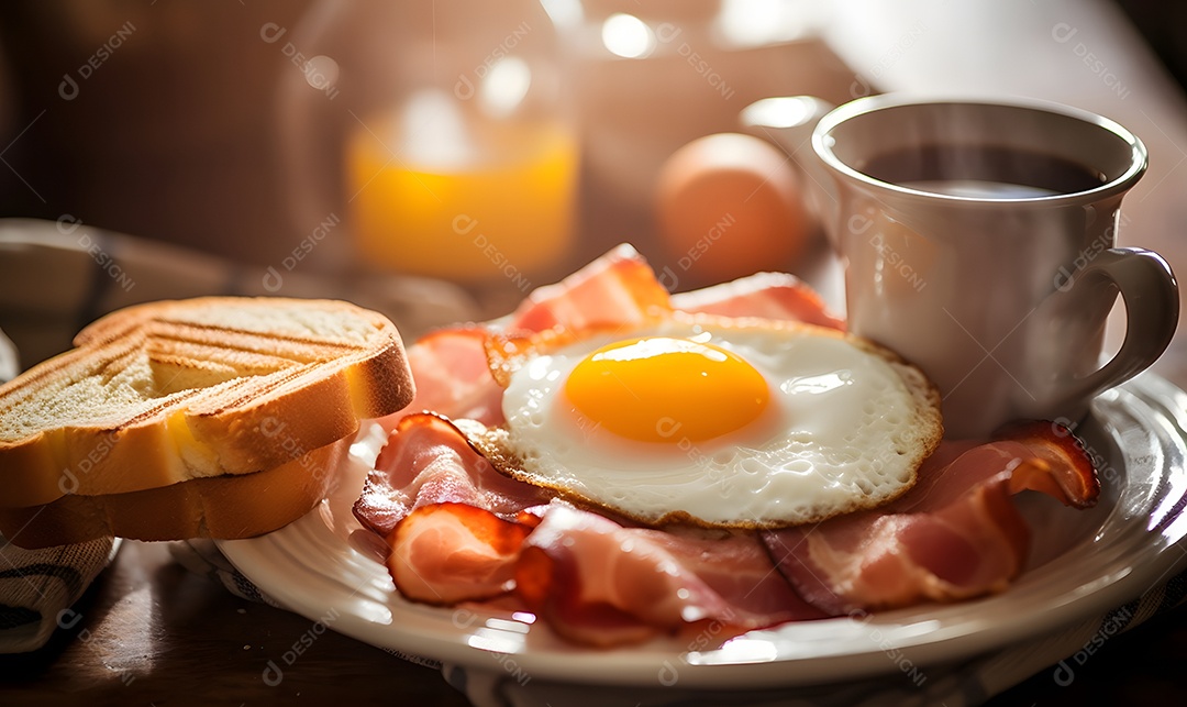 Mesa de café da manha com pão ovo com fatias de bacon