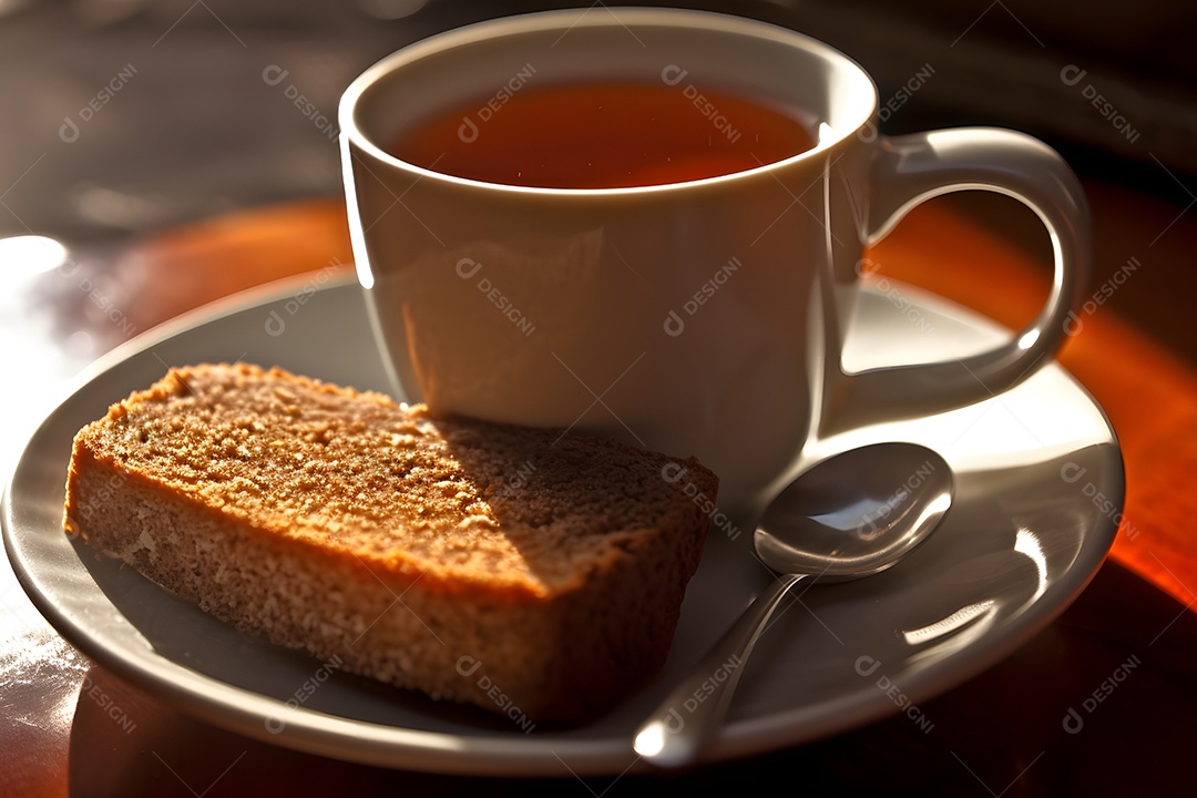 Bolo sobre um prato ao lado de xícara de café