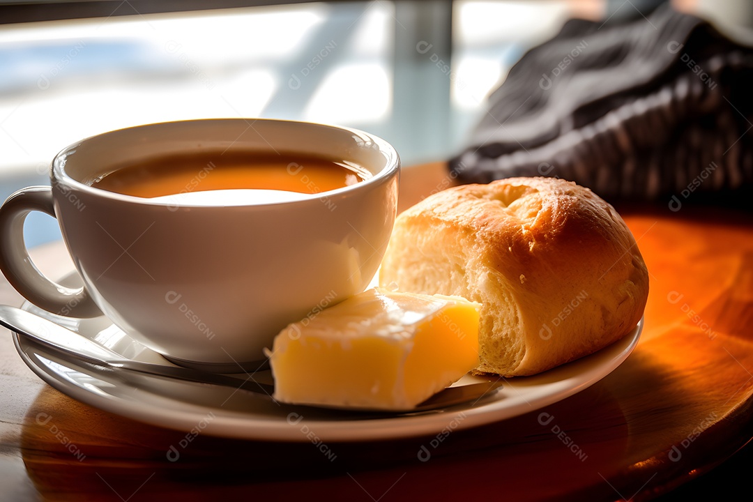 Pão com recheio de queijo sobre um prato ao lado de xícara de café