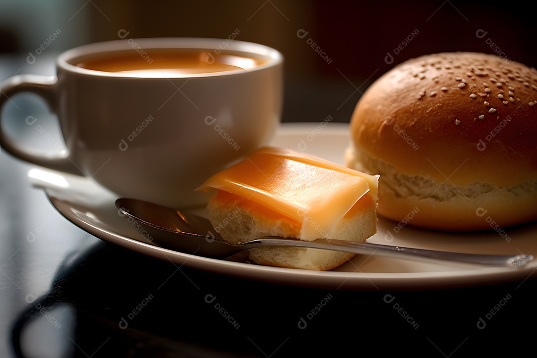 Pão com recheio de queijo sobre um prato ao lado de xícara de café