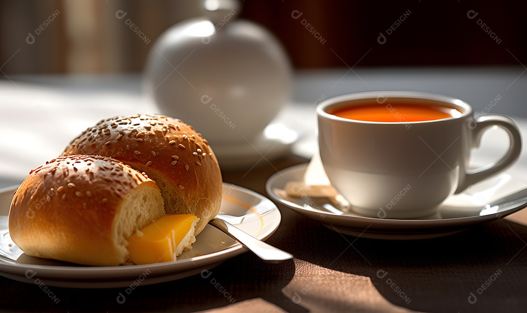 Bolo sobre um prato ao lado de xícara de café