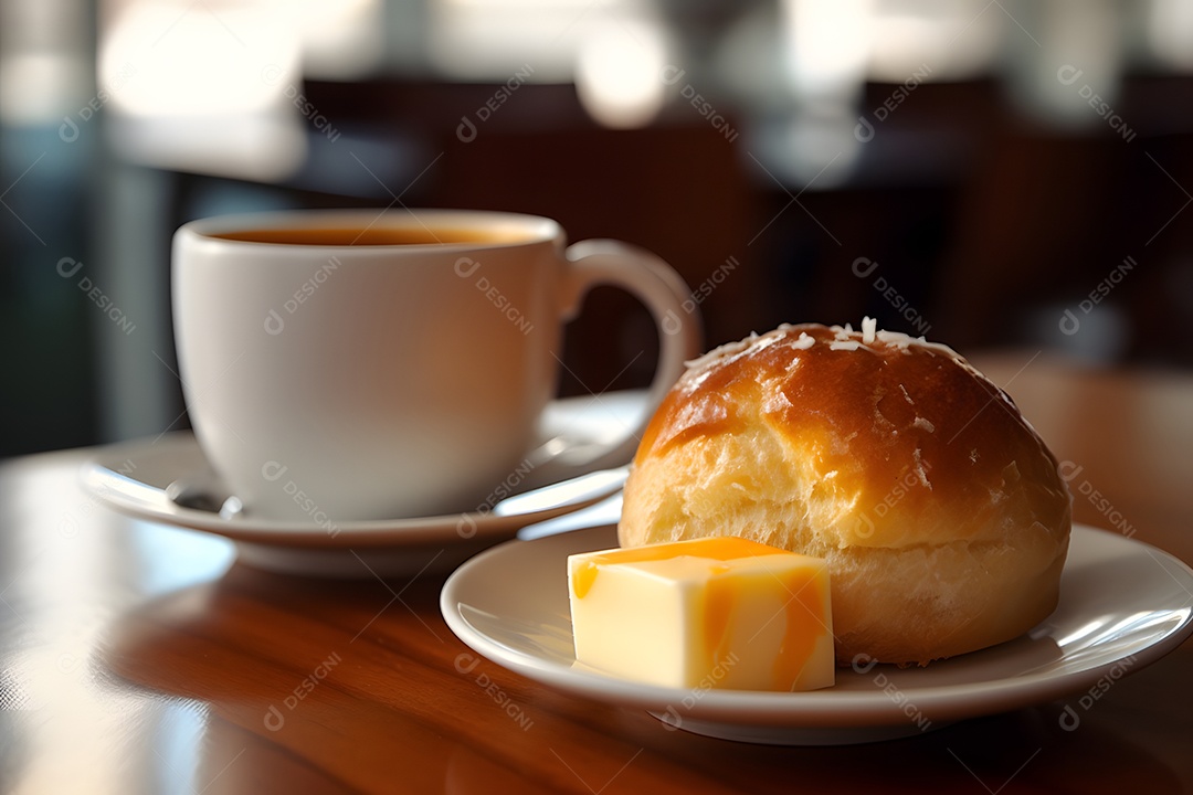 Bolo sobre um prato ao lado de xícara de café