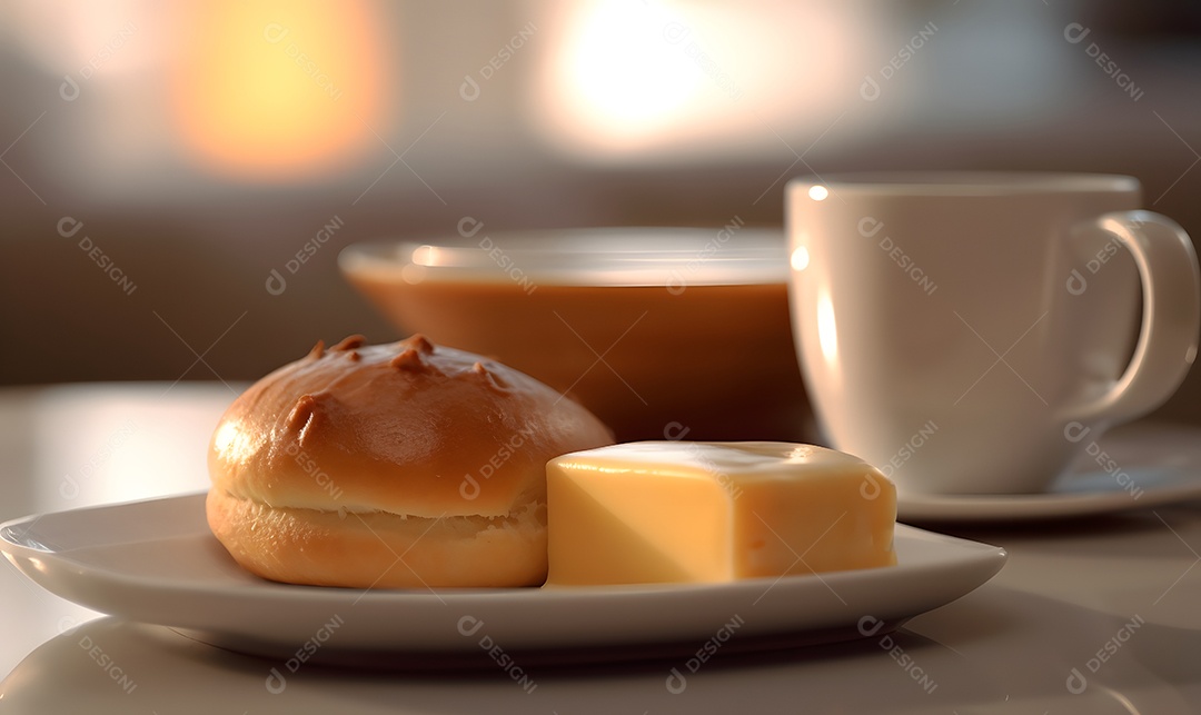 Bolo sobre um prato com uma xícara de café