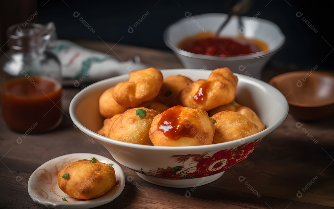 Bolo sobre uma tigela ao lado molho sobre uma mesa de madeira