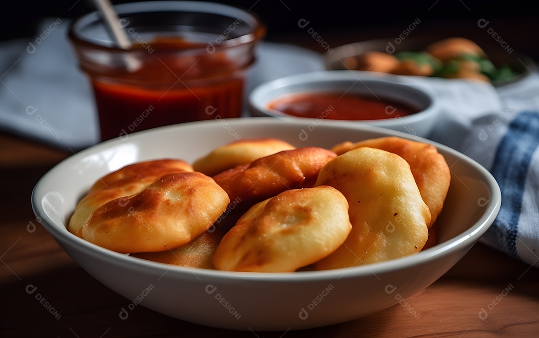 Bolo sobre uma tigela ao lado molho sobre uma mesa de madeira