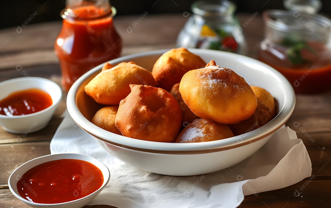 Bolo sobre uma tigela ao lado molho sobre uma mesa de madeira