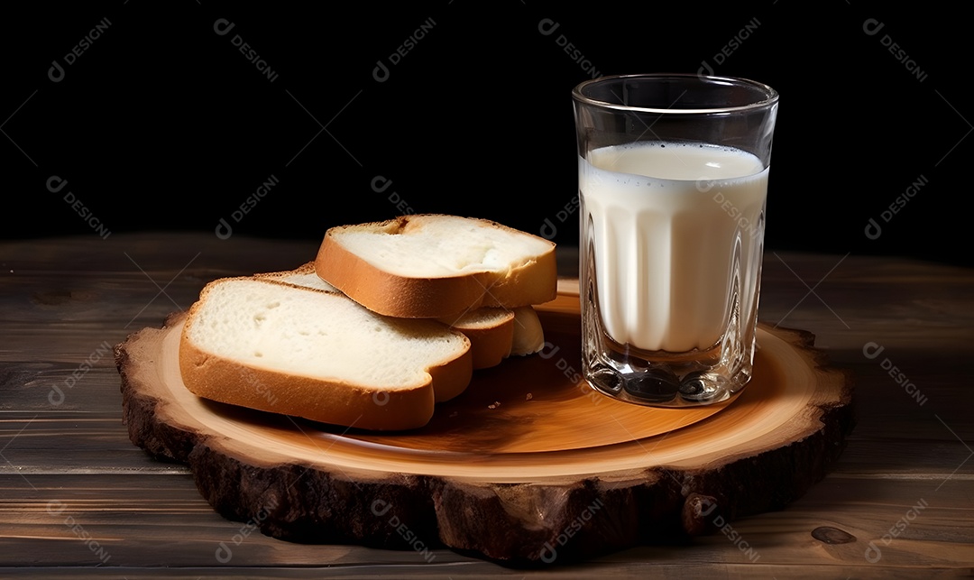 Xícara de leite ao lado de fatia de pão sobre uma mesa de madeira