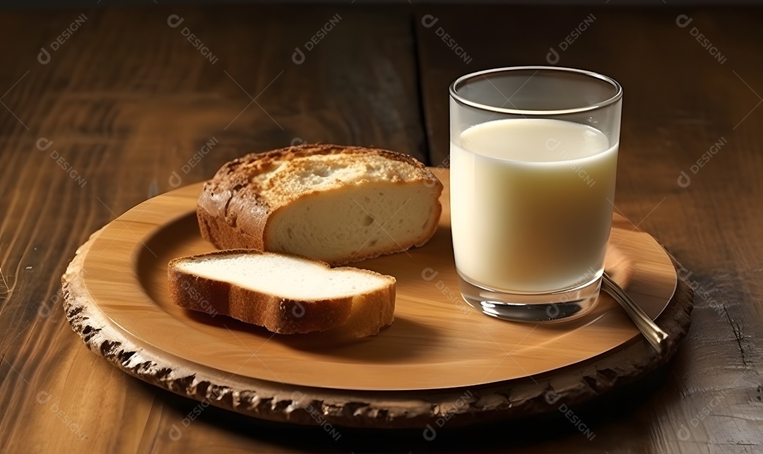 Xícara de leite ao lado de fatia de pão sobre uma mesa de madeira