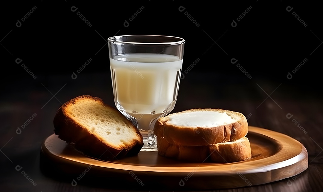 Xícara de leite ao lado de fatia de pão sobre uma mesa de madeira