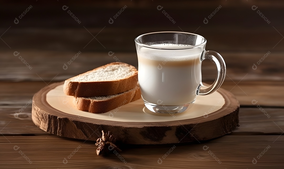 Xícara de leite ao lado de fatia de pão sobre uma mesa de madeira