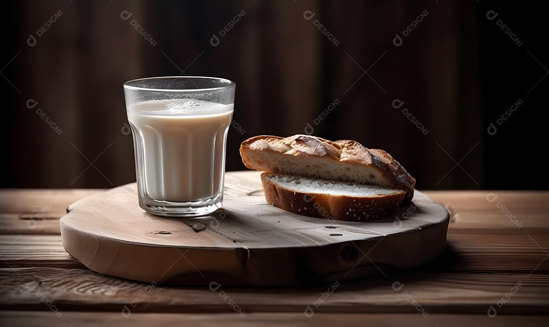 Copo de vidro com leite com pão ao lado sobre uma mesa de madeira