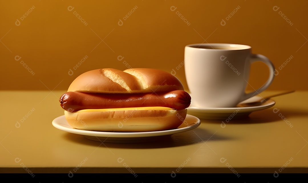 Cachorro quente ao lado xícara de café sobre fundo isolado