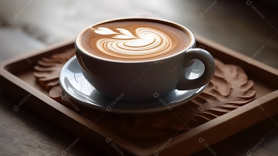 Xícara de capuccino sobre uma mesa de madeira