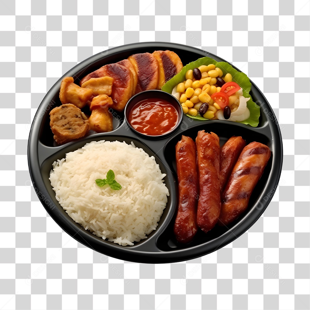 Prato De Comida Com Arroz Linguiça E Salada PNG Transparente