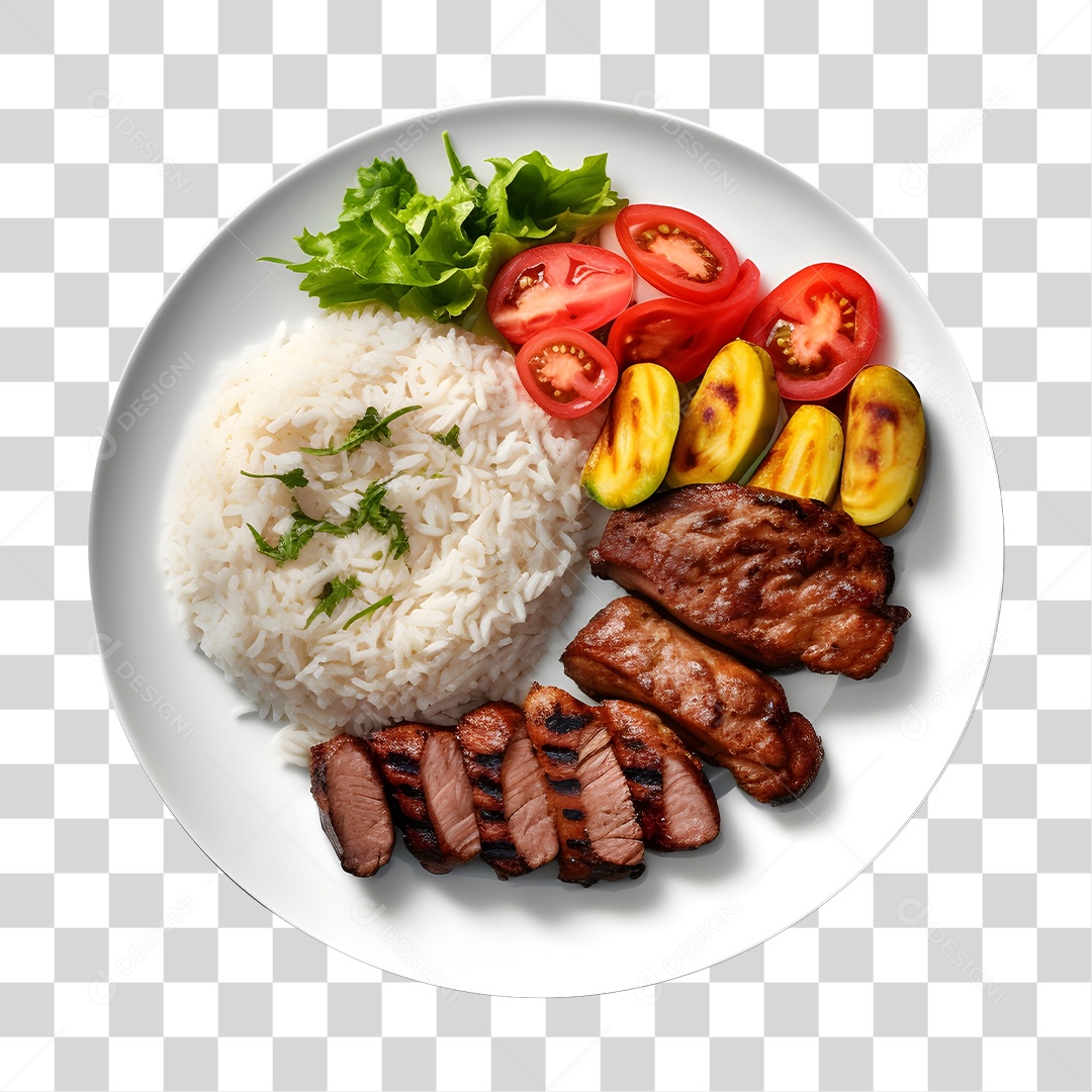 Prato De Comida Com Arroz Carne E Salada PNG Transparente