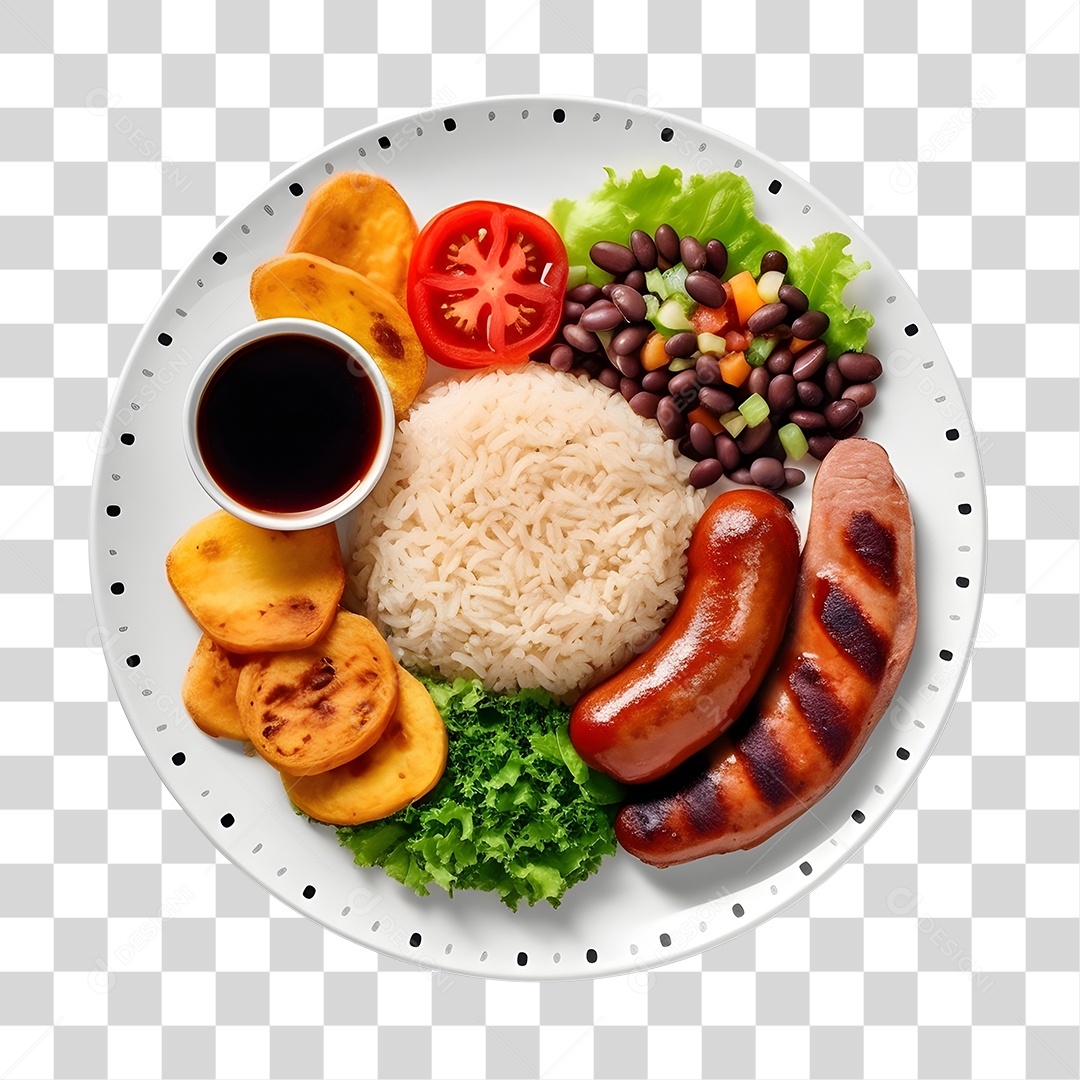 Prato De Comida Com Arroz Linguiça E Salada PNG Transparente