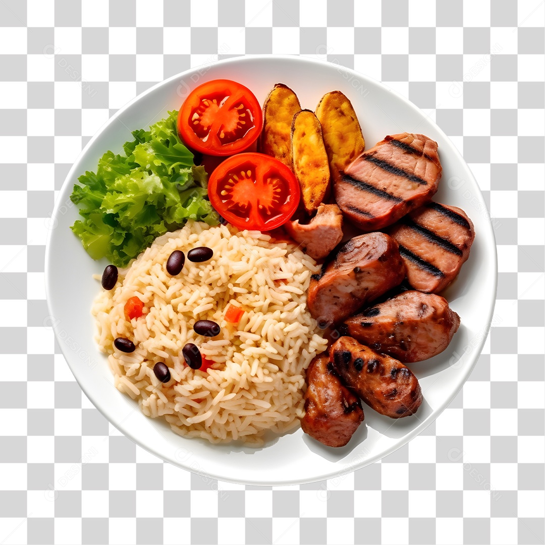 Prato De Comida Com Arroz Carne E Salada PNG Transparente