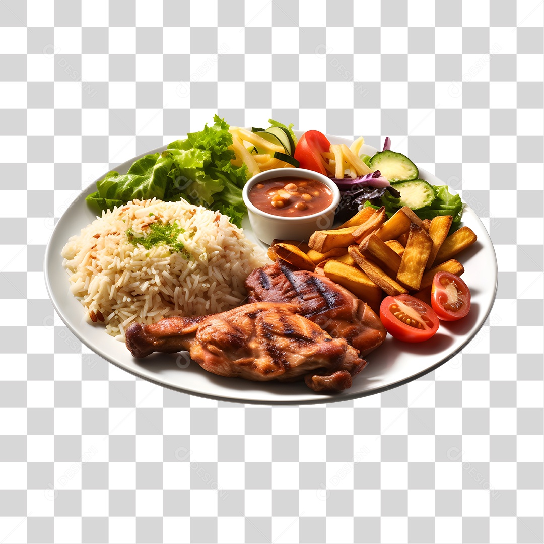 Prato De Comida Com Arroz Carne E Salada PNG Transparente