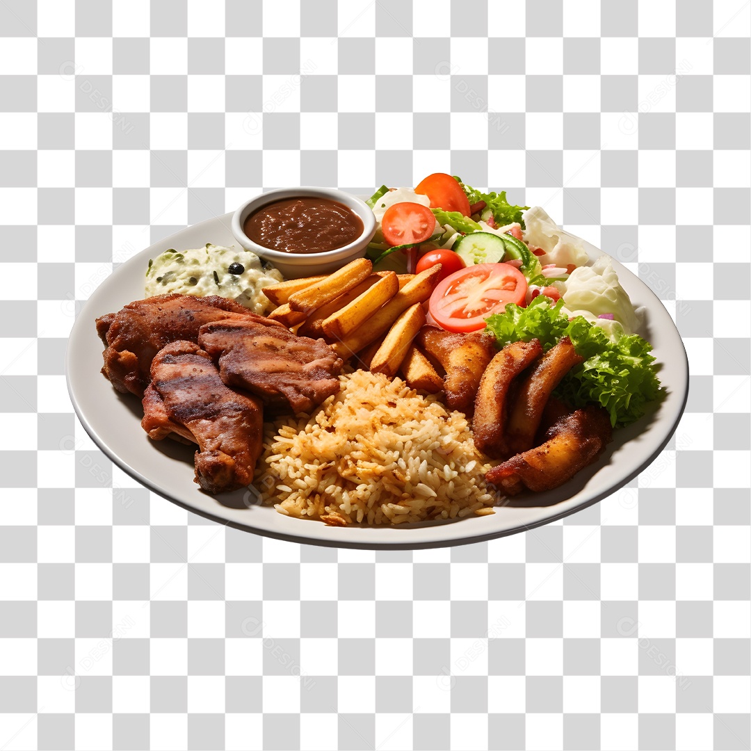 Prato De Comida Com Arroz Carne E Salada PNG Transparente