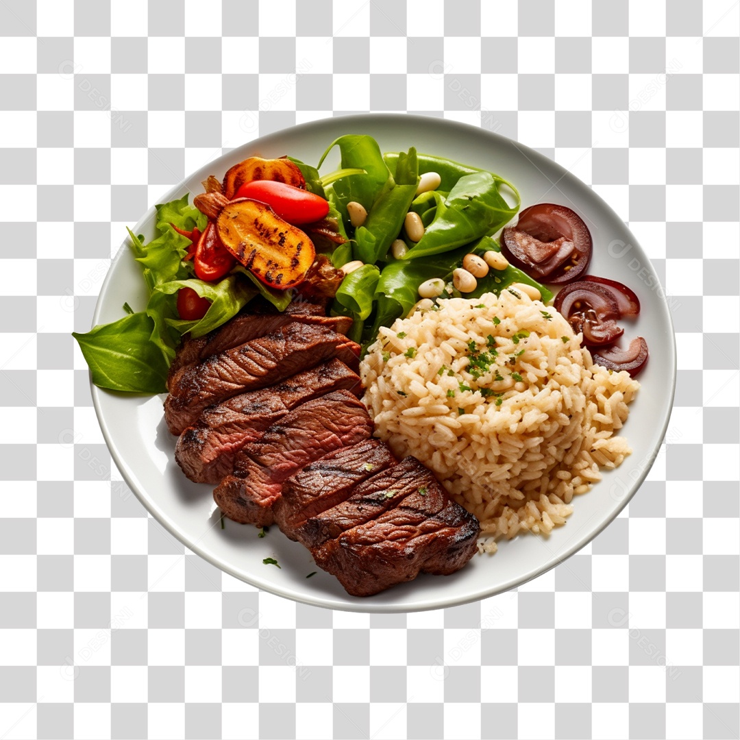 Prato De Comida Arroz Came E Salada PNG Transparente