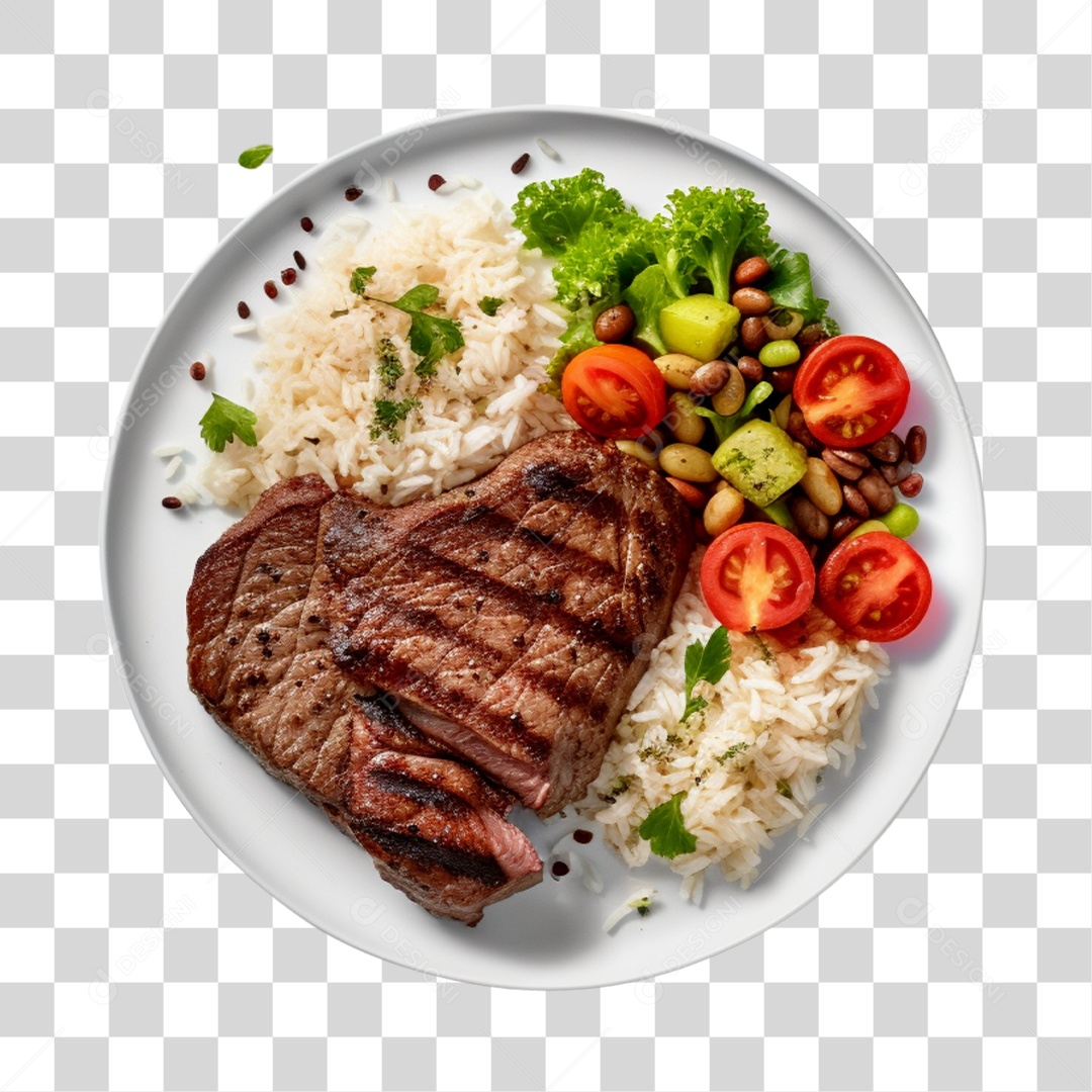 Prato De Comida Arroz Came E Salada PNG Transparente