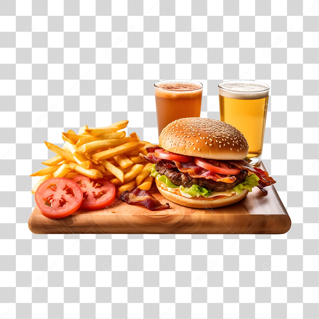Hamburguer Com Cerveja E Batata Frita  PNG Transparente