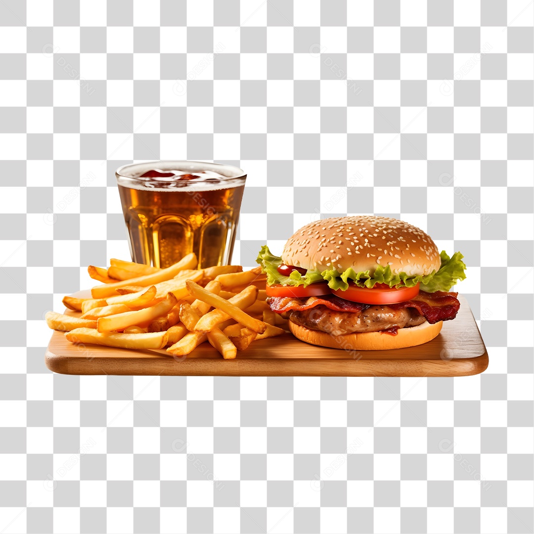 Hamburguer Com Cerveja E Batata Frita  PNG Transparente