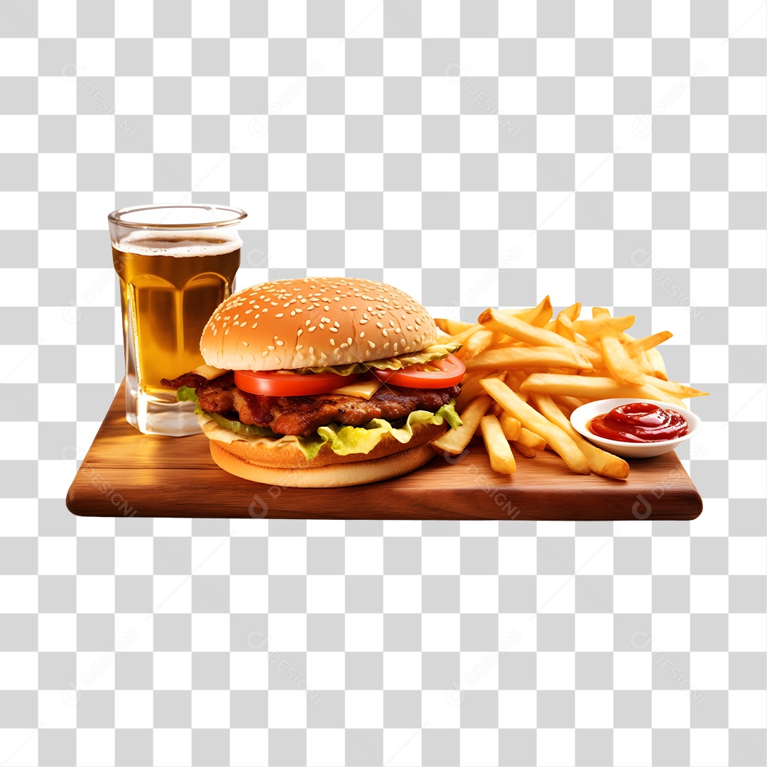 Hamburguer Com Cerveja E Batata Frita  PNG Transparente