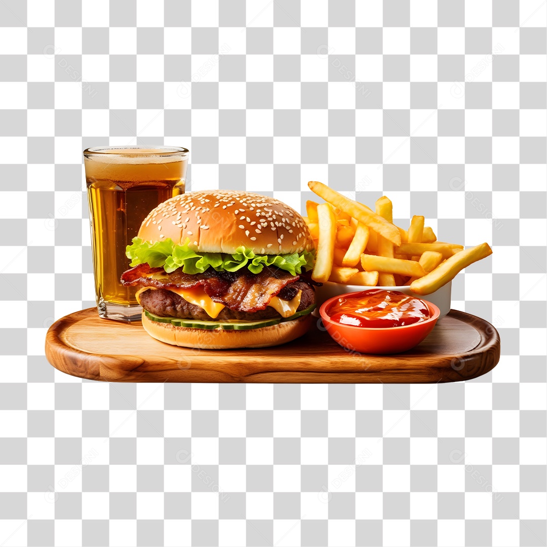 Hamburguer Com Cerveja E Batata Frita  PNG Transparente