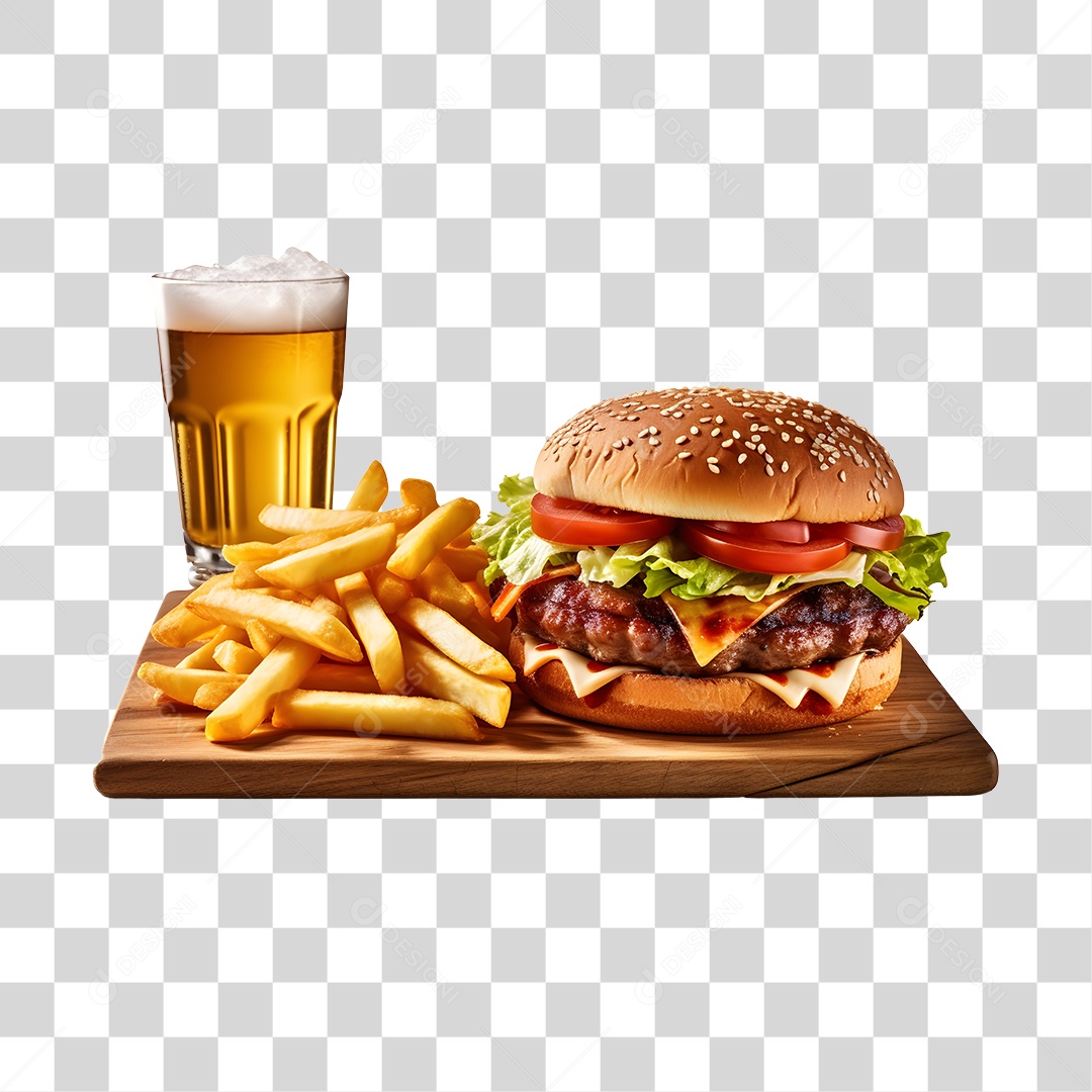 Hamburguer Com Cerveja E Batata Frita  PNG Transparente
