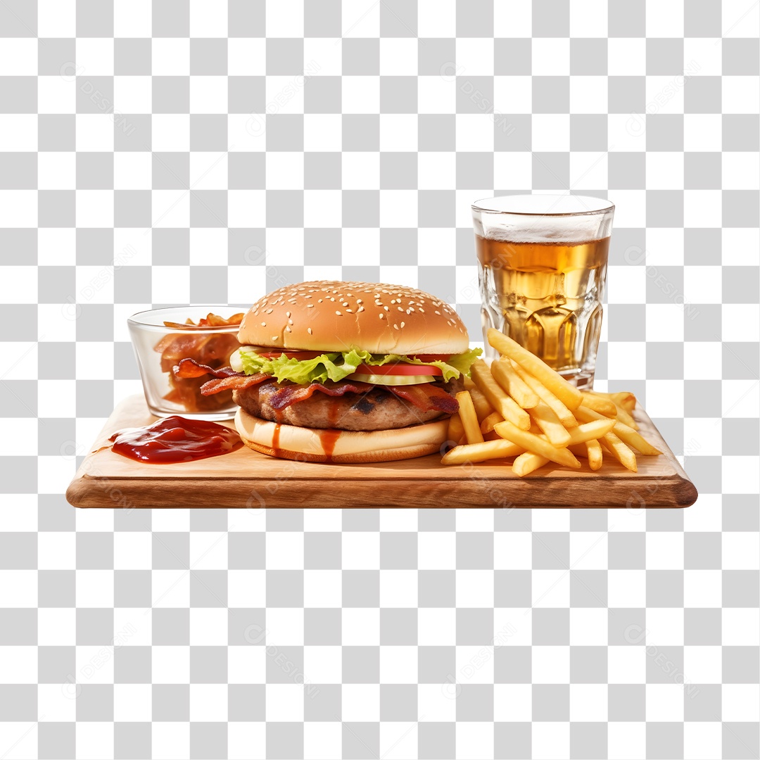 Hamburguer Com Cerveja E Batata Frita  PNG Transparente