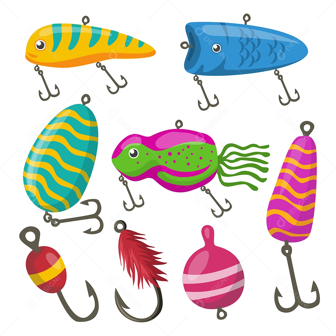 Conjunto de várias iscas de pesca coloridas modernas Vetor EPS