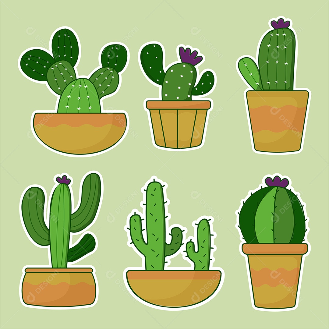 Conjunto de diferentes cactos verdes em pote de desenho em fundo branco Vetor EPS