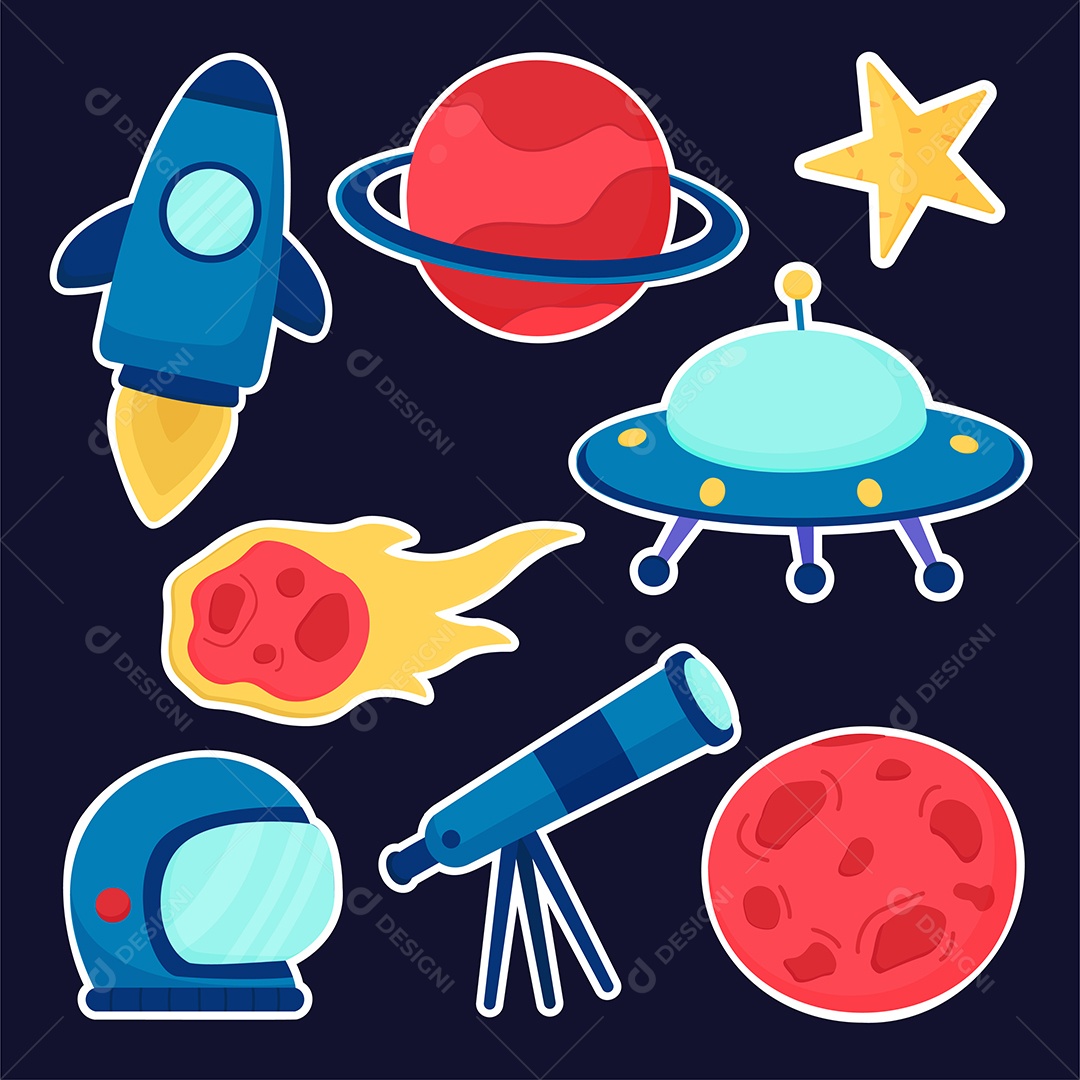 Conjunto de elementos de astronomia no estilo cartoon Vetor EPS