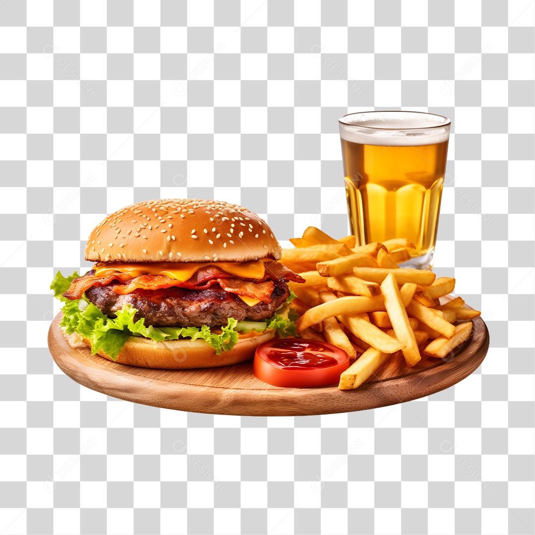 Hamburguer Com Cerveja E Batata Frita  PNG Transparente