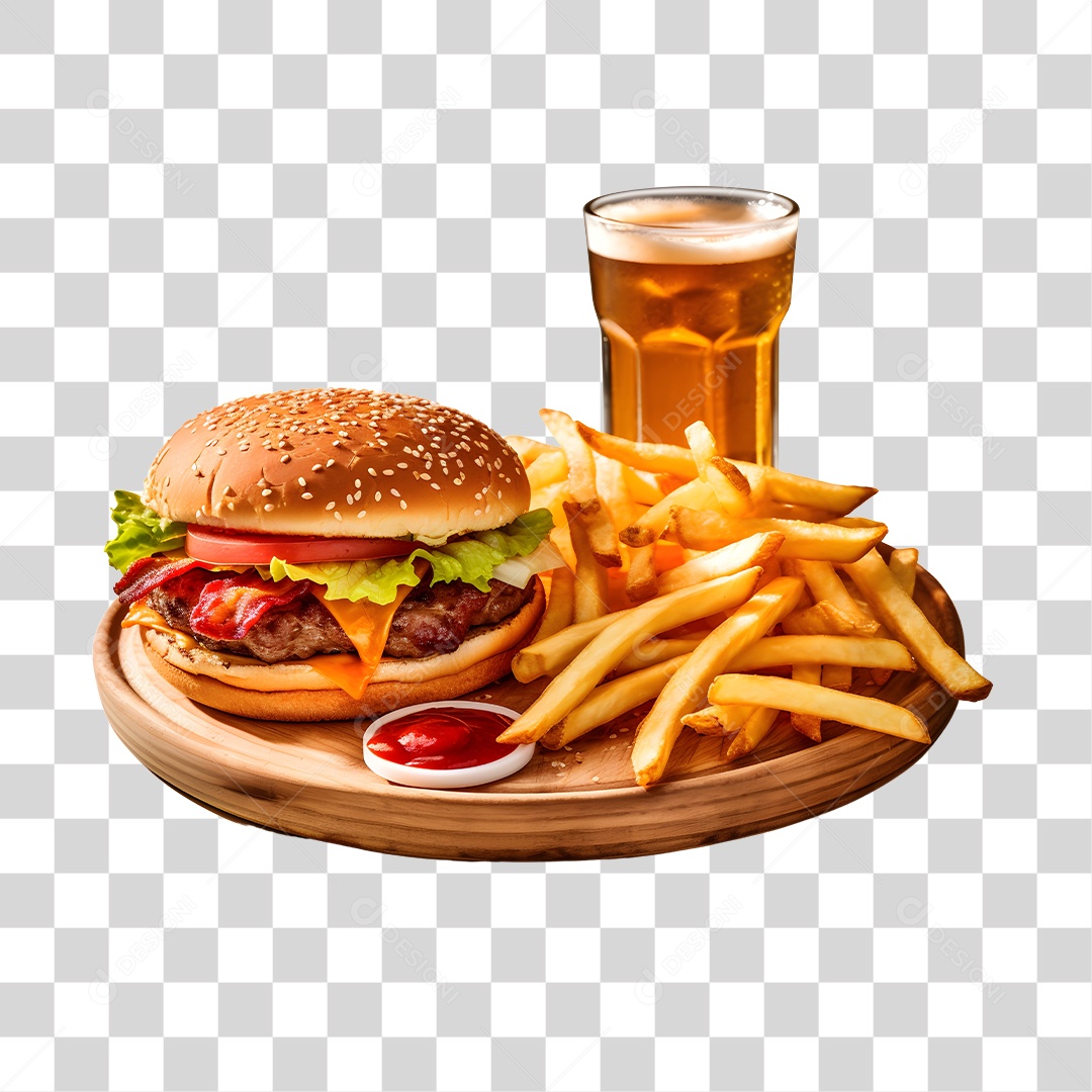 Hamburguer Com Cerveja E Batata Frita  PNG Transparente