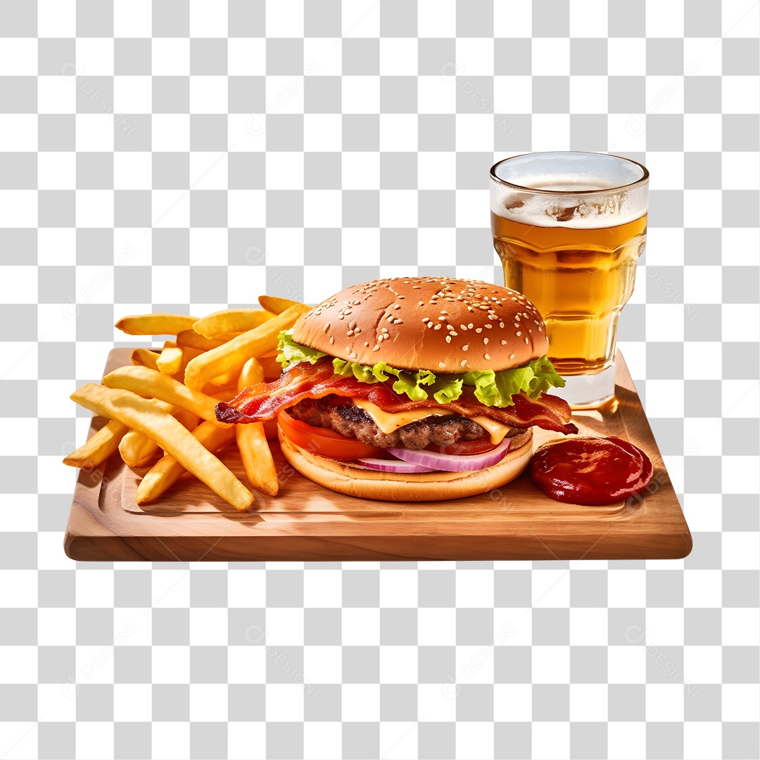 Hamburguer Com Cerveja E Batata Frita  PNG Transparente