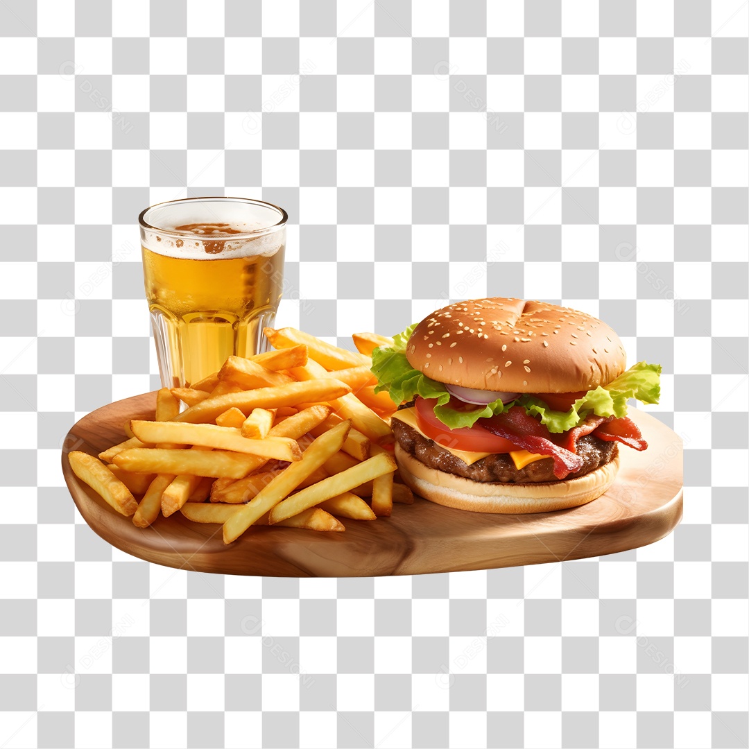 Hamburguer Com Cerveja E Batata Frita  PNG Transparente