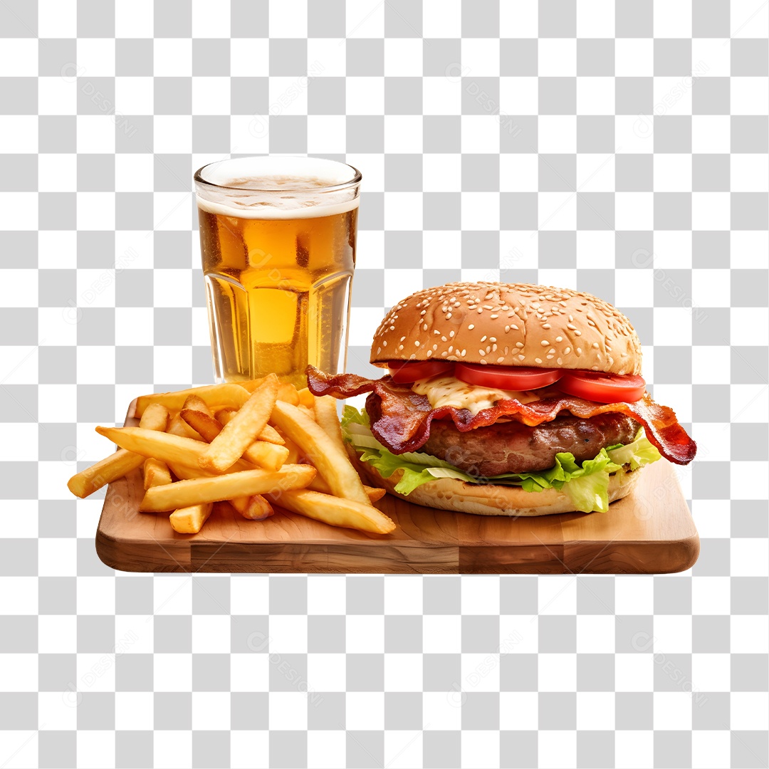 Hamburguer Com Cerveja E Batata Frita  PNG Transparente