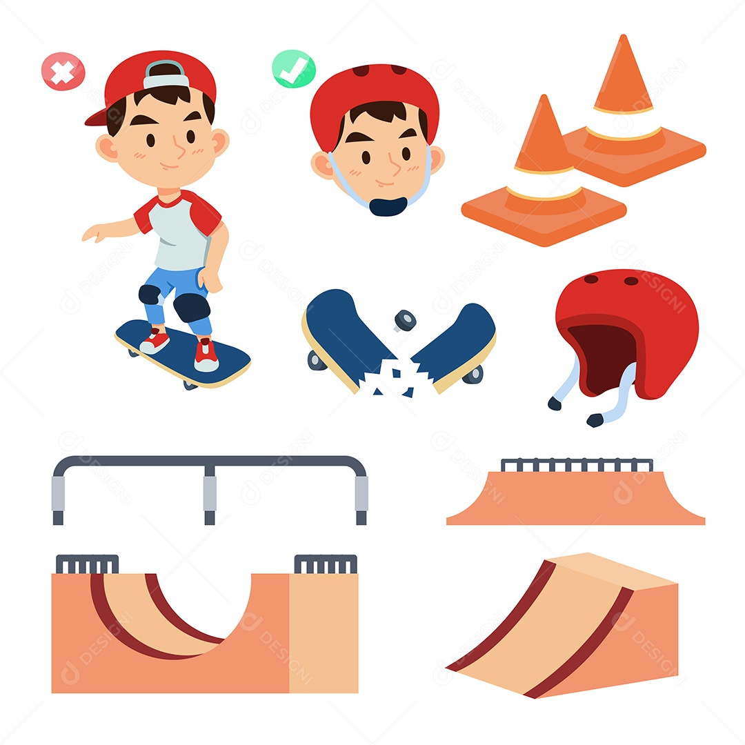 Conjunto de menino skatista com vetor de equipamento de treinamento Vetor EPS