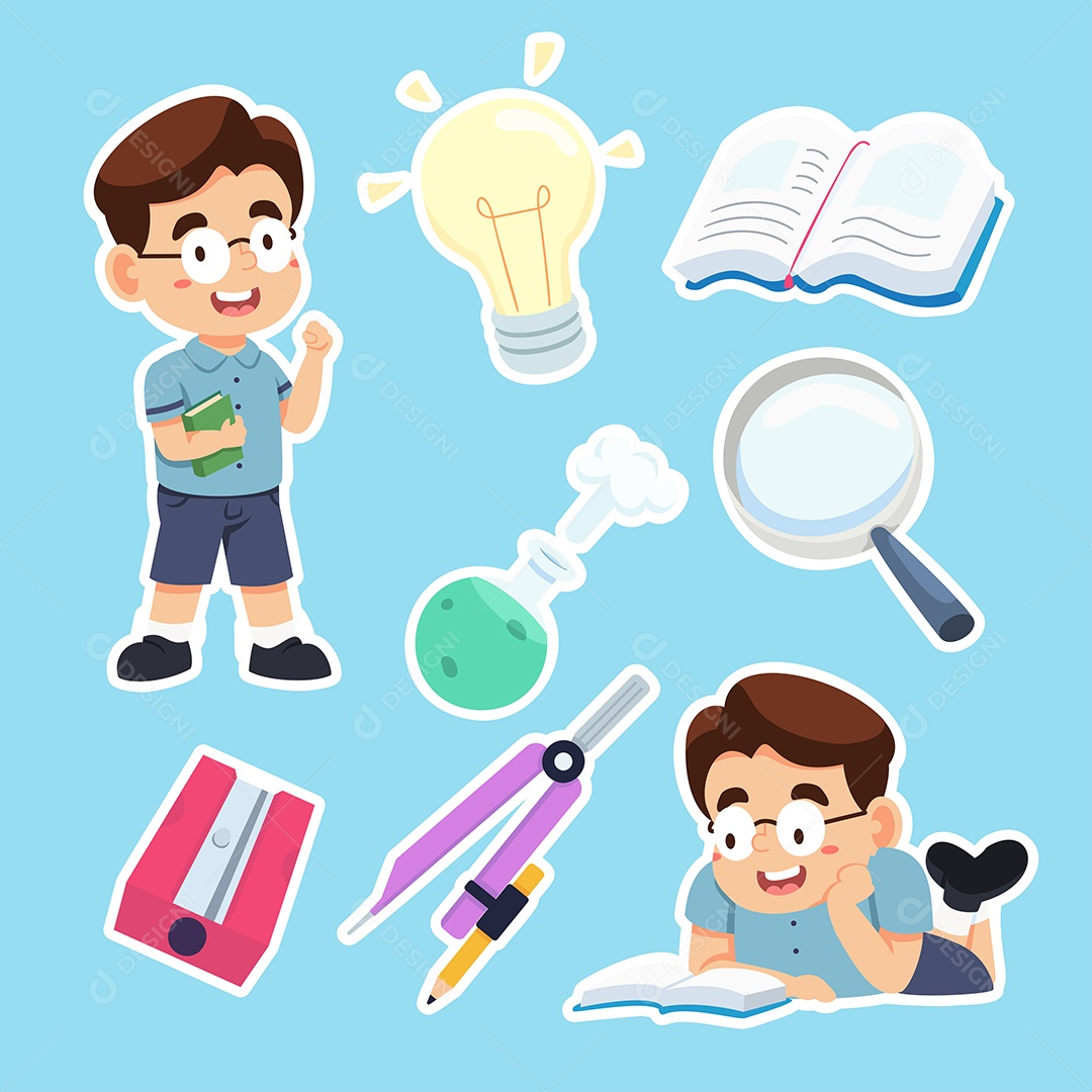 Menino Gênio lendo livro para educação em estilo cartoon Vetor EPS